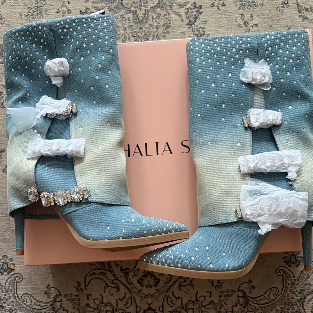 NEW Thalia Sodi Light Blue Jeweled Denim Heeled Boots